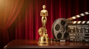 Tom Hanks Oscars-themed image featuring a golden Oscar statuette film reel and movie clapperboard on a polished wooden table