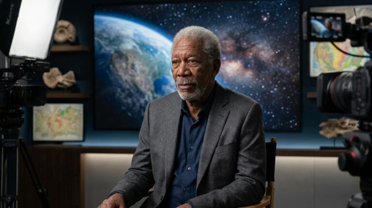Morgan Freeman TV Program featuring the actor seated for an on-camera interview in a studio