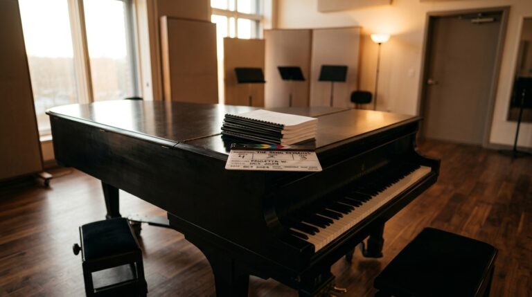 Denzel Washington’s Wife-themed image showing a grand piano sheet music and a music studio setting