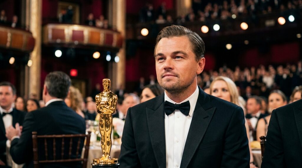 Leonardo DiCaprio Oscar moment showing the actor in a tuxedo at an awards ceremony beside an Oscar statuette