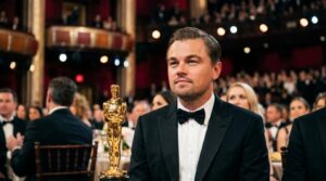 Leonardo DiCaprio Oscar moment showing the actor in a tuxedo at an awards ceremony beside an Oscar statuette