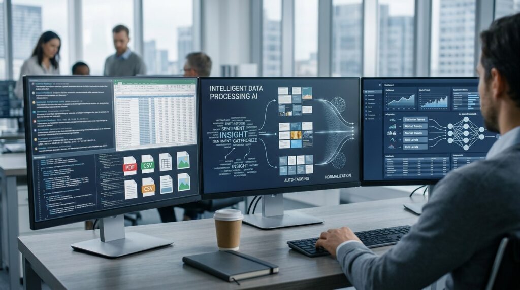 Preparatory AI displayed on computer screens for intelligent data processing and analysis