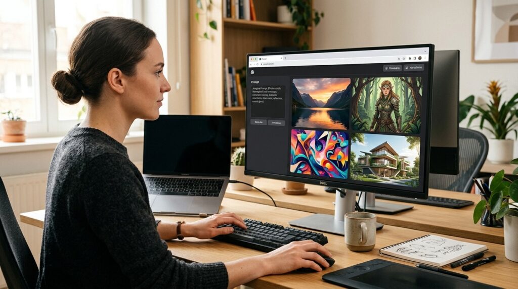 OpenDream AI interface displaying AI-generated images on a desktop monitor while a user creates digital artwork