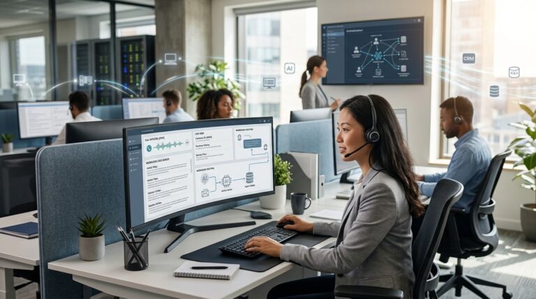 Contact Center AI News showing AI-powered customer service operations in a modern contact center