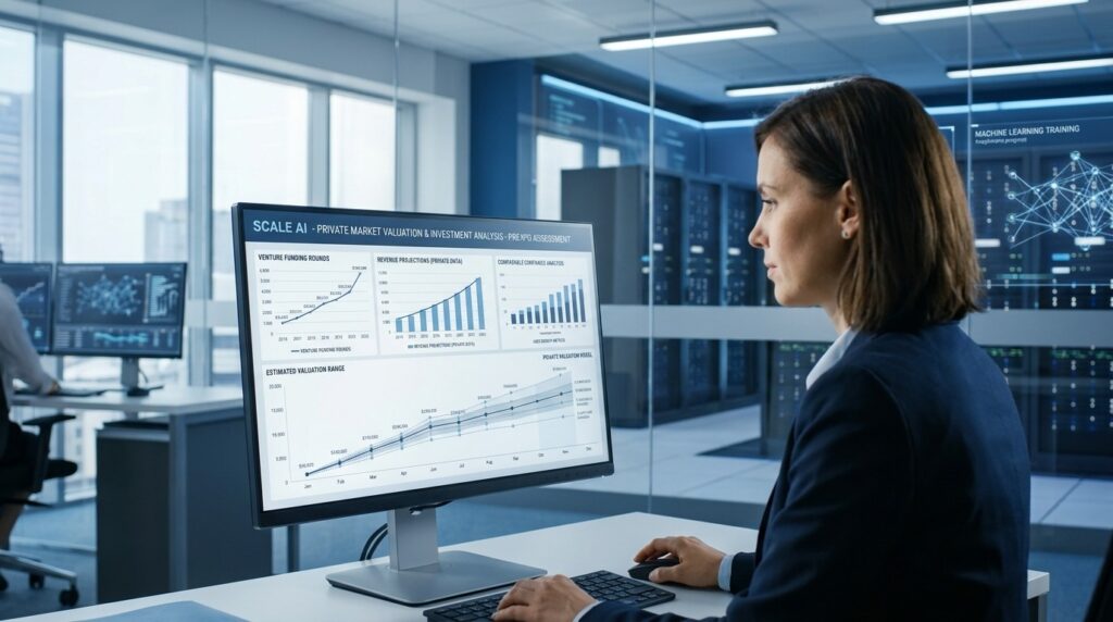 Scale AI Stock analysis displayed on a monitor showing private-market valuation funding rounds revenue projections and investment data