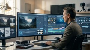 AI Video Generation News displayed on a video editing workstation with AI-powered scene generation style controls and timeline editing tools