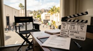 Tom Hanks Net Worth article image showing a film production setup with a producer’s chair movie clapperboard script and production contract